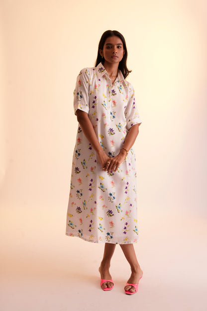 Floral Shirt Dress - White