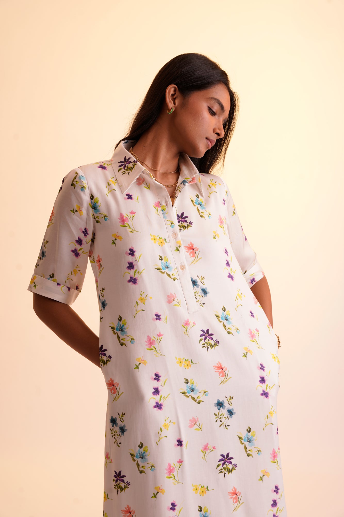 Floral Shirt Dress - White