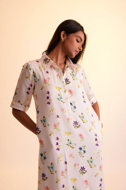 Floral Shirt Dress - White