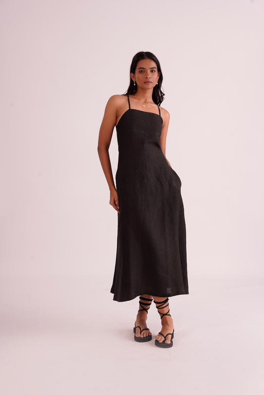 A- line linen black midi dress