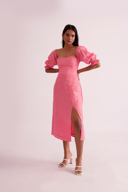 Linen Arles Fuschia Midi Dress